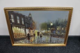 A gilt framed John Bampfield oil on canvas - Victorian street scene at dusk