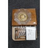 A George VI commemorative glass plate, oak canteen of fish cutlery,