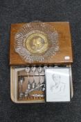 A George VI commemorative glass plate, oak canteen of fish cutlery,