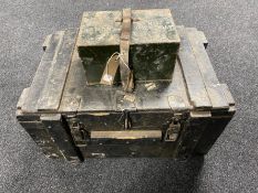 A painted military ammunition crate together with a metal box