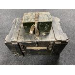 A painted military ammunition crate together with a metal box