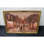 A gilt framed John Bampfield oil on canvas - Victorian street scene at sunset