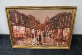 A gilt framed John Bampfield oil on canvas - Victorian street scene at sunset