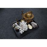 A tray of a large piece of coral, gilded coloured glass, miniature desk globe,