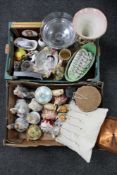 Two boxes of china, framed porcelain panels, beer steins, contemporary figurines,