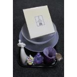 A tray of Alum Bay purple glass jug, Caithness perfume bottle, Portmeirion glass dish,