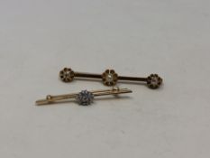 A gold split pearl and diamond bar brooch and a 9ct gold diamond set bar brooch (2)