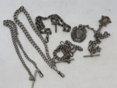 Five antique silver Albert chains,