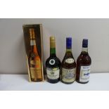 Four bottles of alcohol - Hennessy Cognac in box, Martel cognac,