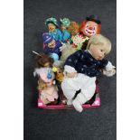 A box of porcelain headed dolls, clown dolls,