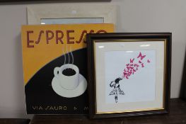 Two framed Cafe prints - Espresso and Cappuccino,