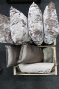 Two crates of eight contemporary cushions,