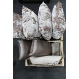 Two crates of eight contemporary cushions,