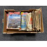 A box of military modelling magazines, 1980's comics including Dandy, Buster,