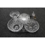 A tray of glass candle holder, crystal glass comport, four fruit bowls,
