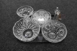 A tray of glass candle holder, crystal glass comport, four fruit bowls,