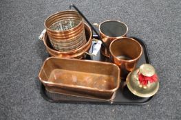 A tray of Chinese brass bell, copper trough, copper mugs,