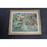 A gilt framed antiquarian print of a caveman with wolf