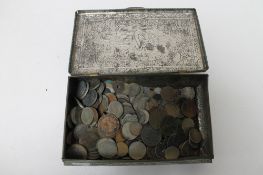 A tin of pre decimal British coins and foreign coins