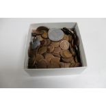 A box of pre decimal British copper coins and foreign coins