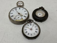 A box of silver cased pocket watch and two silver cased fob watches