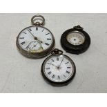 A box of silver cased pocket watch and two silver cased fob watches