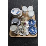 A tray of six Royal Imperial china trios, Wedgwood dishes, china dolls tea service,
