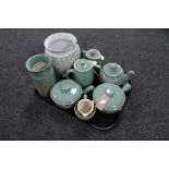 A tray of five pieces of Denby stoneware, two Denby stoneware lidded soup pots,