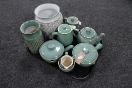 A tray of five pieces of Denby stoneware, two Denby stoneware lidded soup pots,