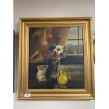 A. Adamson : still life with flowers in a vase, oil on canvas, framed with gallery label verso.