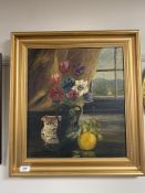 A. Adamson : still life with flowers in a vase, oil on canvas, framed with gallery label verso.