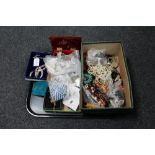A tray of trinket boxes, contemporary pocket watches, wristwatches, costume jewellery,