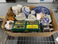 A box of assorted Ringtons china, mugs, teapots, vases,