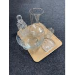 A tray of glass, crystal decanter, brandy label, penguin paperweight,