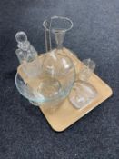 A tray of glass, crystal decanter, brandy label, penguin paperweight,