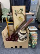 A glazed pottery elephant plant stand together with a box of eastern wall fan, jardiniere on stand,