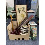 A glazed pottery elephant plant stand together with a box of eastern wall fan, jardiniere on stand,