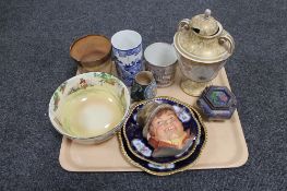 A tray of Doulton Lambeth stoneware mug, Doulton silicone ware jug, antique cabinet plates,