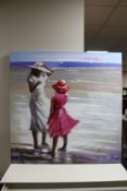 20th century school, Two girls on a beach in summer dresses, oil on canvas, indistinctly signed,