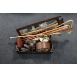 A box of Edwardian mahogany framed mirror, walking sticks,