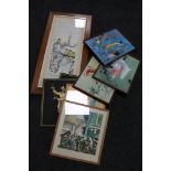 A contemporary framed mirror together with nine assorted pictures, portraits,