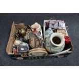 A box of empty jewellery and ring boxes, stoneware pots, shells,
