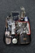 A tray of assorted plated wares, photo frame, sugar sifter, six cased napkin rings,