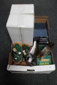 A box of three sets of golfing book ends, golf balls,