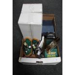 A box of three sets of golfing book ends, golf balls,