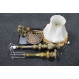 A tray of brass ware, two table lamps (one with shade), vases and candlesticks,