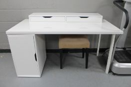 A contemporary white single pedestal computer desk with three tier shelf and dressing table stool
