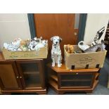 Two boxes of assorted metal and ceramic animal figures together with a further ceramic dalmatian