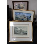 Two boxes of framed pictures and prints, colour engravings, wool panels, Davis montage,