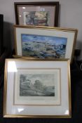 Two boxes of framed pictures and prints, colour engravings, wool panels, Davis montage,